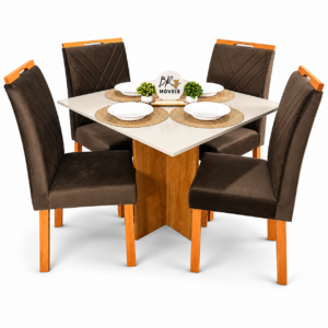 Mesa de Jantar Salinas Off White 90x90cm tampo Laqueado com 4 Cadeiras Cristal Cel Mesas - Marrom