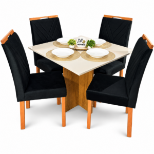 Mesa de Jantar Salinas Off White 90x90cm tampo Laqueado com 4 Cadeiras Cristal Cel Mesas - Preto