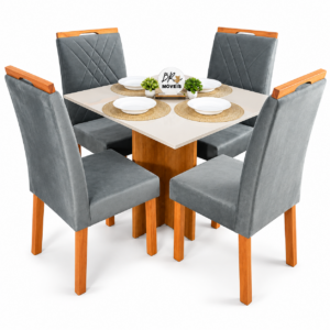 Mesa de Jantar Salinas Off White 90x90cm tampo Laqueado com 4 Cadeiras Cristal Cel Mesas - Cinza