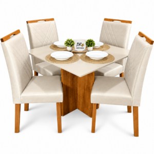 Mesa de Jantar Salinas Off White 90x90cm tampo Laqueado com 4 Cadeiras Cristal Cel Mesas - Bege