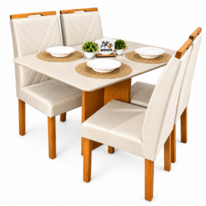 Mesa de Jantar Salinas Off White 120x80cm tampo Laqueado com 4 Cadeiras Cristal Cel Mesas - Bege