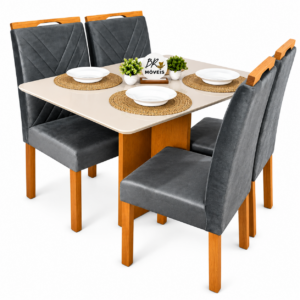 Mesa de Jantar Salinas Off White 120x80cm tampo Laqueado com 4 Cadeiras Cristal Cel Mesas - Cinza
