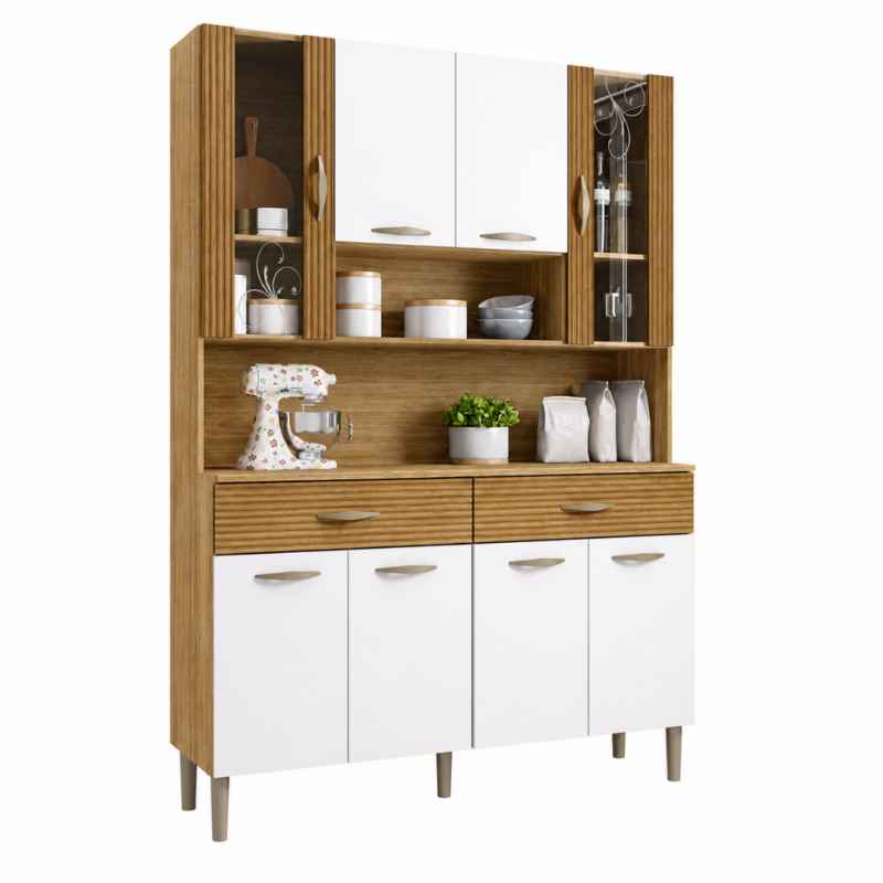 Armário De Cozinha Completa Kit Golden 8 Portas 2 Gavetas - Freijó Supremo Ripado - Kits Parana