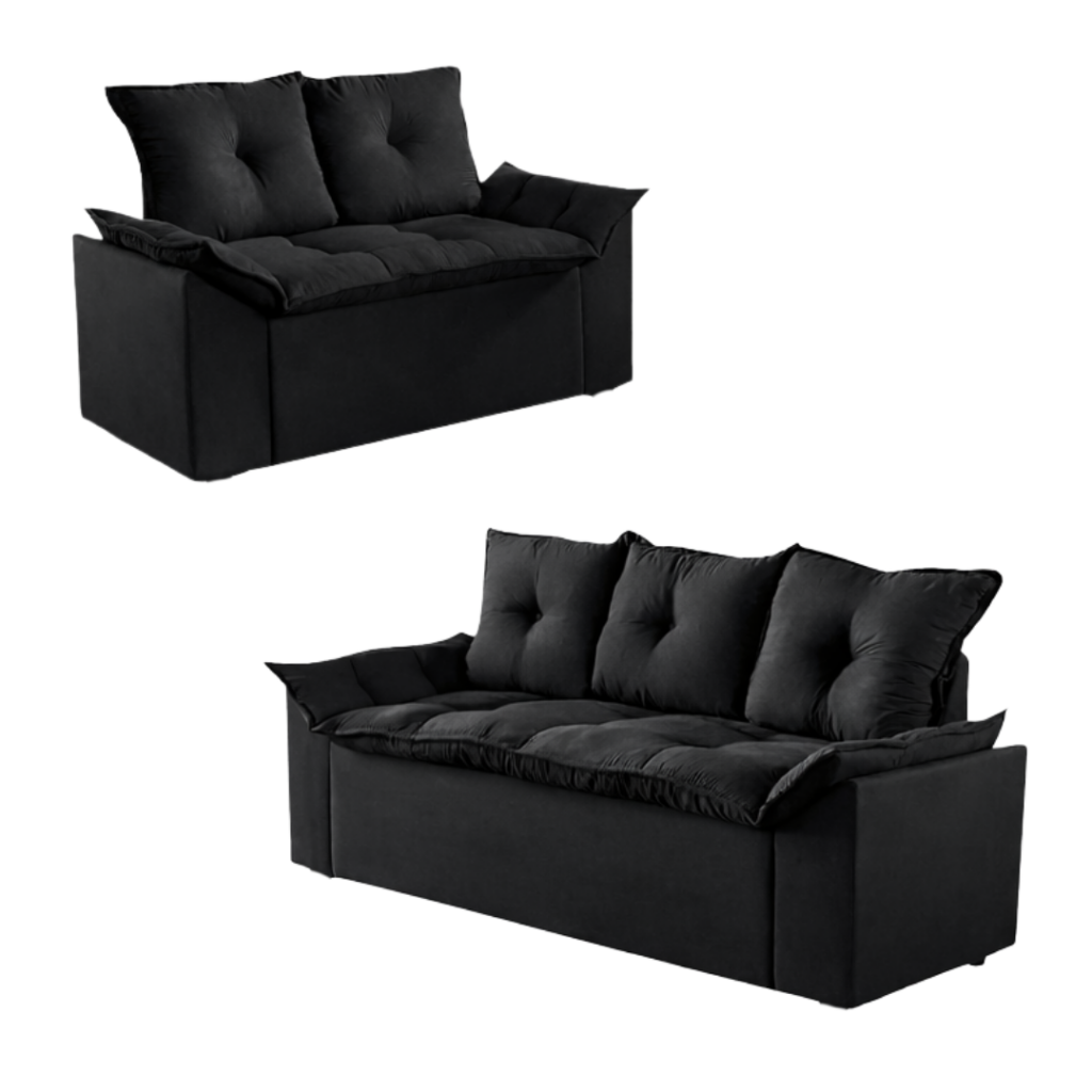 Conjunto de Sofá Veneza 2 e 3 Lugares JM - Suede Preto