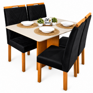 Mesa de Jantar Salinas Off White 120x80cm tampo Laqueado com 4 Cadeiras Cristal Cel Mesas - Preto