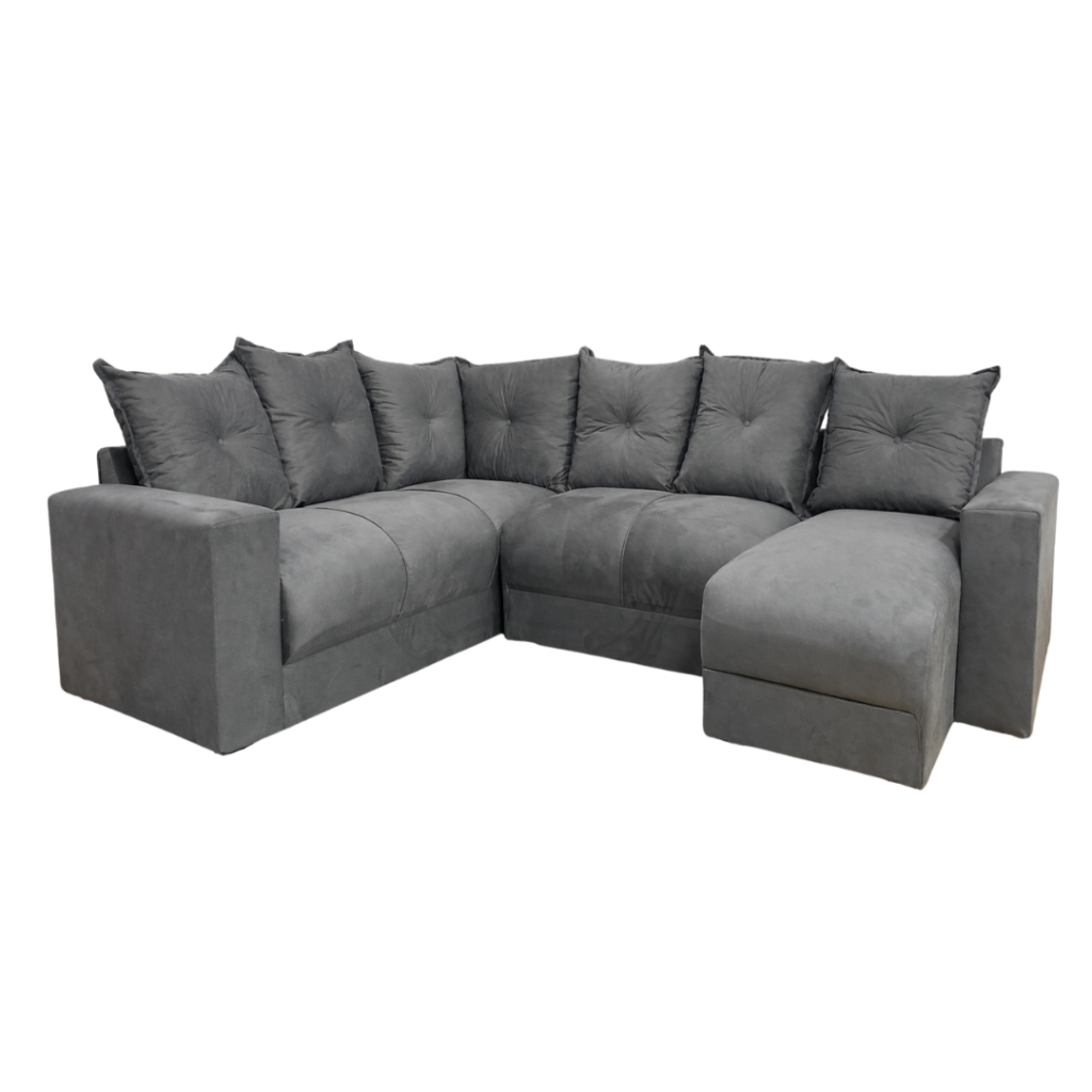 Estofado 6 Lugares em L Com Chaise JM - Suede Cinza