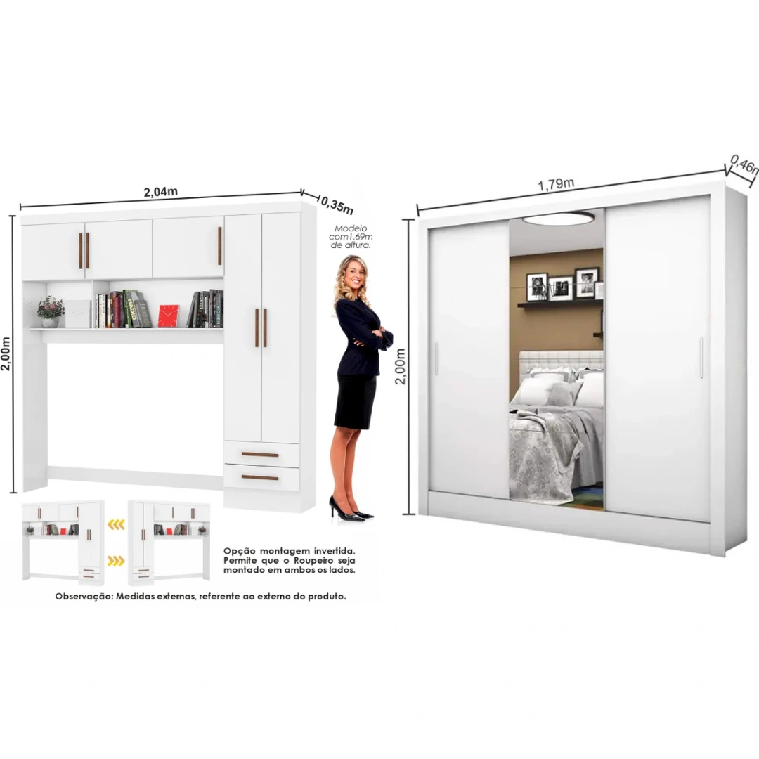 Guarda Roupa Modulado + Dubai Luxo 1 porta Espelho Carioca – Branco - Imagem 2