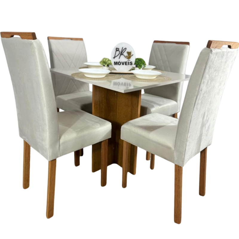 Mesa de Jantar Salinas Off White 90x90cm tampo Laqueado com 4 Cadeiras Cristal Cel Flex - Bege