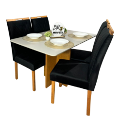 Mesa de Jantar Salinas Off White 120x80cm tampo Laqueado com 4 Cadeiras Cristal - Preto