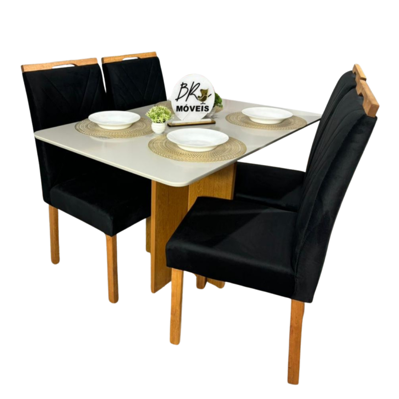 Mesa de Jantar Salinas Off White 120x80cm tampo Laqueado com 4 Cadeiras Cristal Cel Flex - Preto