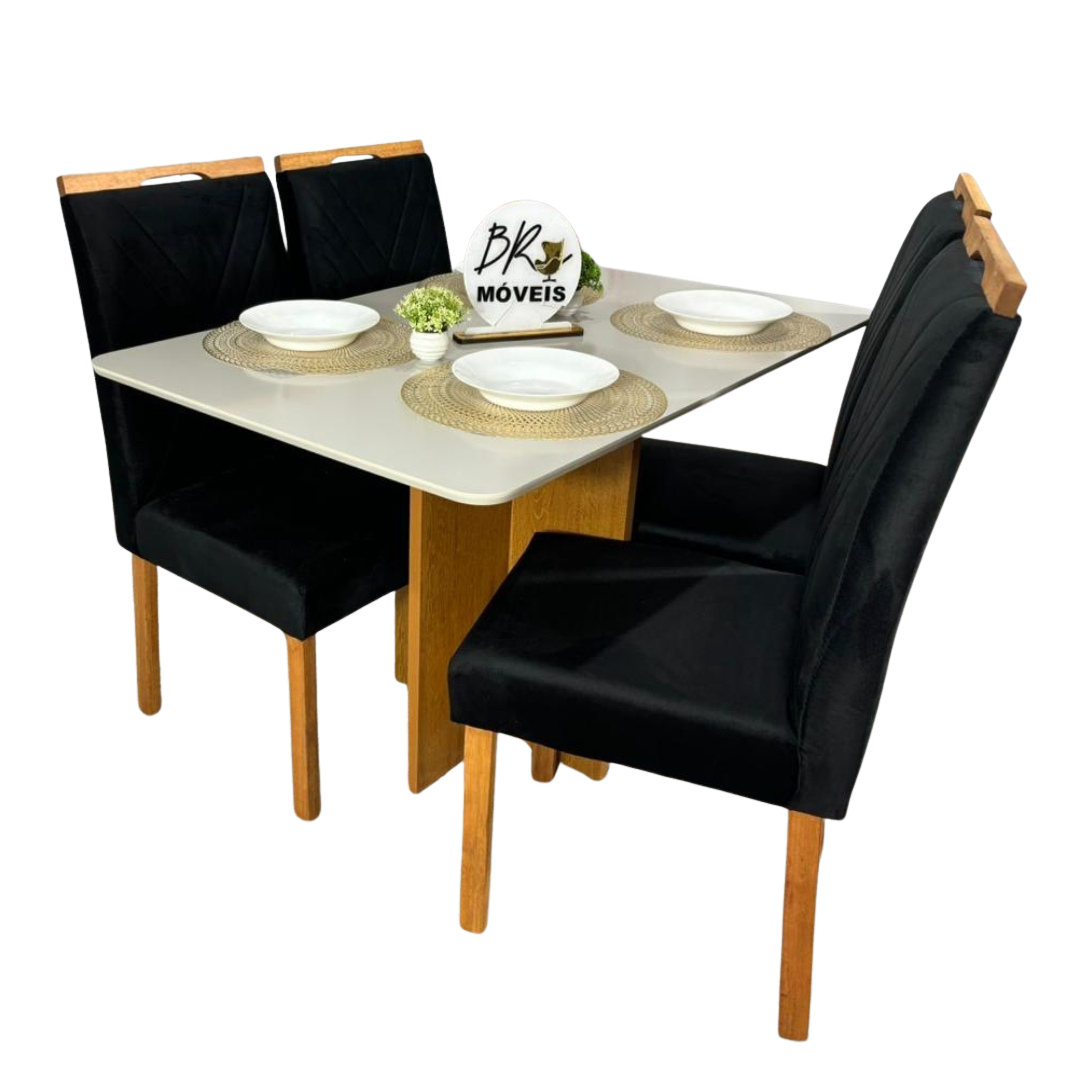 Mesa de Jantar Salinas Off White 120x80cm tampo Laqueado com 4 Cadeiras Cristal Cel Flex - Preto