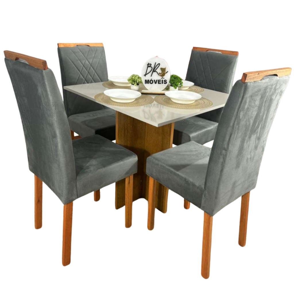 Mesa de Jantar Salinas Off White 90x90cm tampo Laqueado com 4 Cadeiras Cristal Cel Flex - Cinza