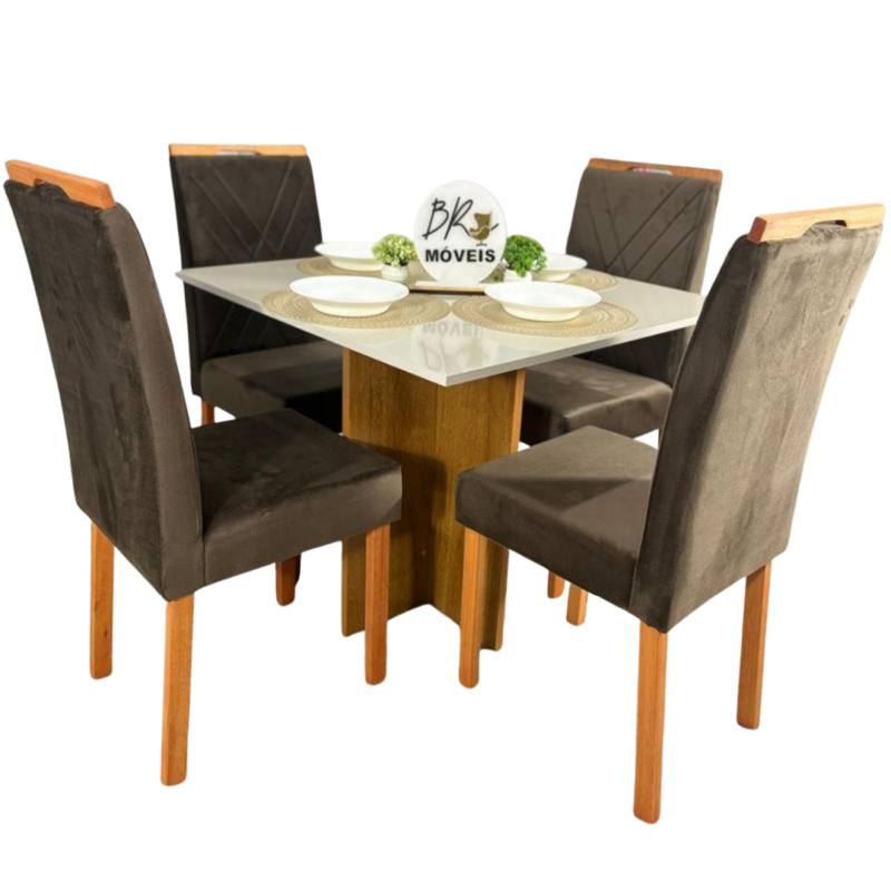 Mesa de Jantar Salinas Off White 90x90cm tampo Laqueado com 4 Cadeiras Cristal Cel Flex - Marrom