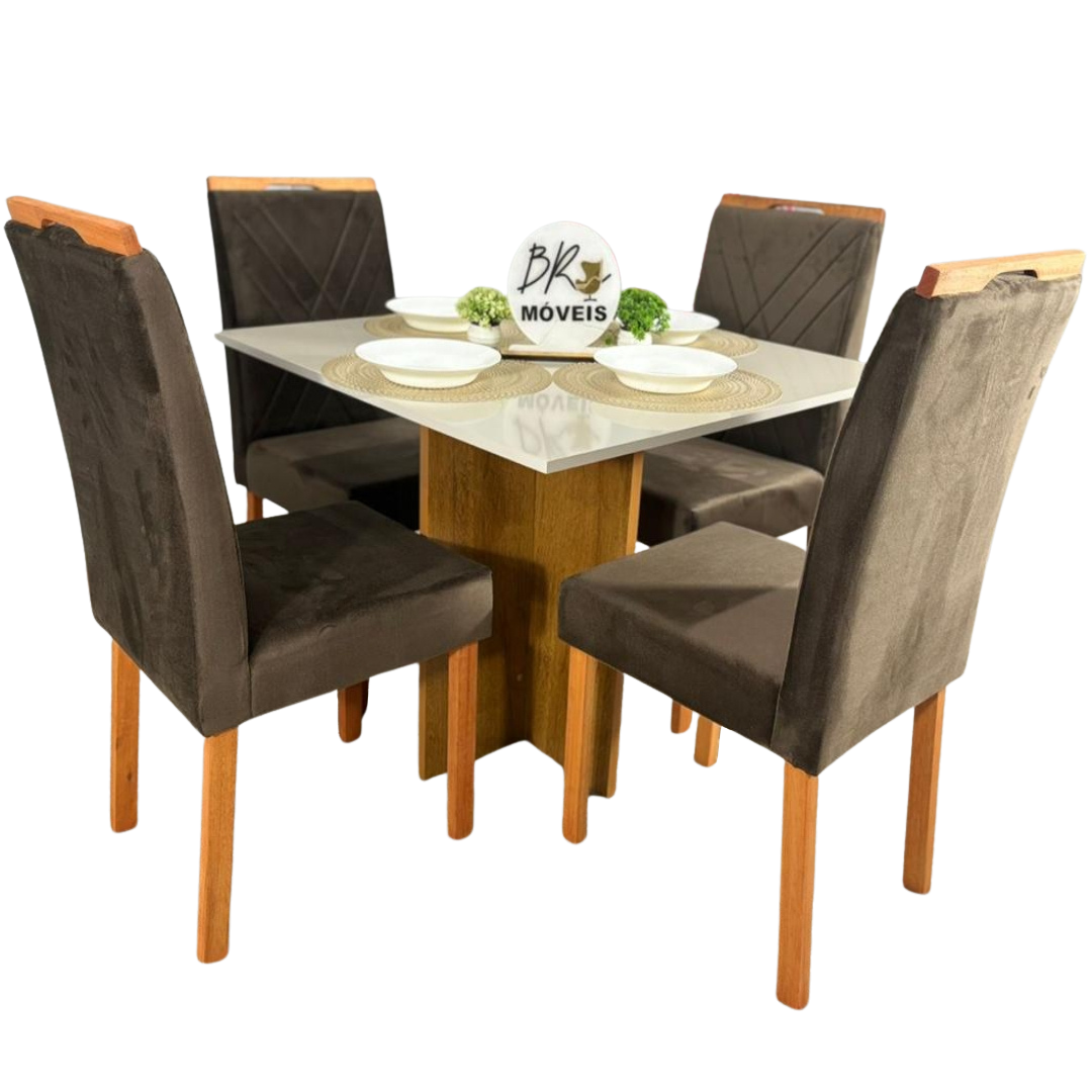 Mesa de Jantar Salinas Off White 90x90cm tampo Laqueado com 4 Cadeiras Cristal Cel Flex - Marrom