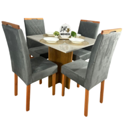 Mesa de Jantar Salinas Off White 90x90cm tampo Laqueado com 4 Cadeiras Cristal - Cinza