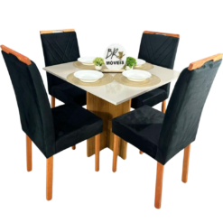 Mesa de Jantar Salinas Off White 90x90cm tampo Laqueado com 4 Cadeiras Cristal - Preto