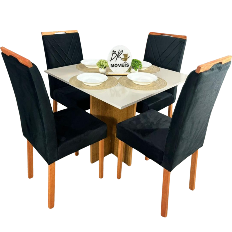Mesa de Jantar Salinas Off White 90x90cm tampo Laqueado com 4 Cadeiras Cristal Cel Flex - Preto