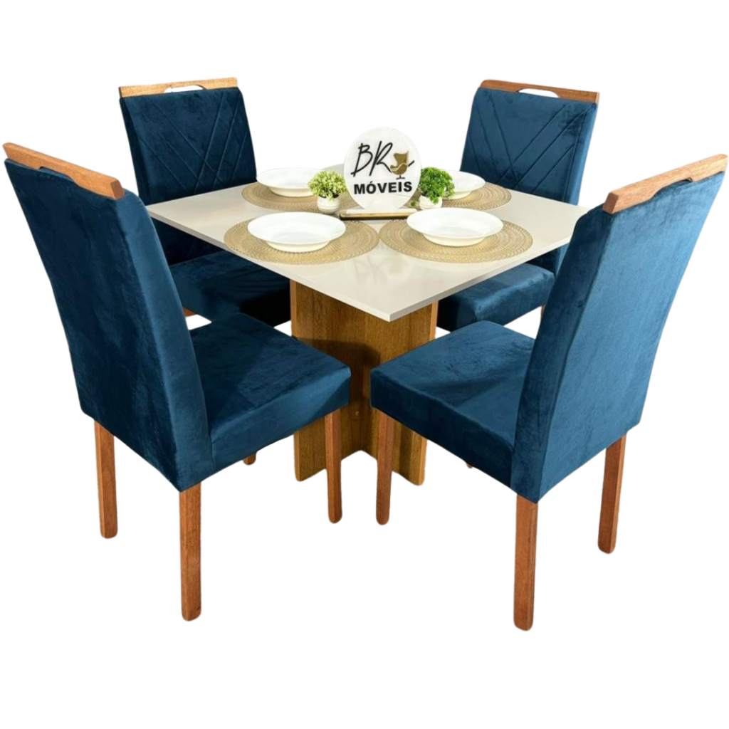 Mesa de Jantar Salinas Off White 90x90cm tampo Laqueado com 4 Cadeiras Cristal Cel Flex - Azul