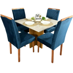 Mesa de Jantar Salinas Off White 90x90cm tampo Laqueado com 4 Cadeiras Cristal - Azul