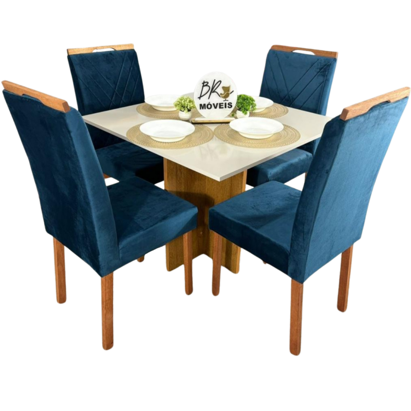 Mesa de Jantar Salinas Off White 90x90cm tampo Laqueado com 4 Cadeiras Cristal Cel Flex - Azul
