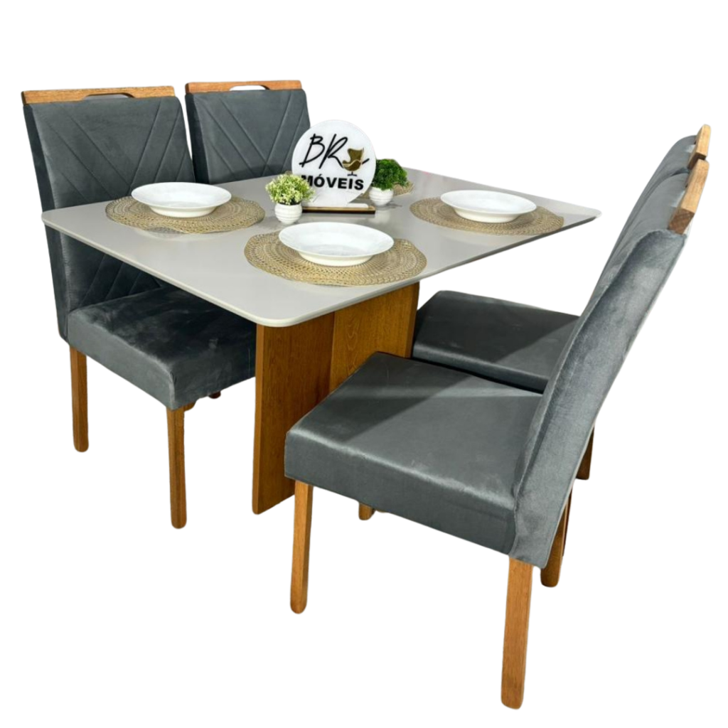 Mesa de Jantar Salinas Off White 120x80cm tampo Laqueado com 4 Cadeiras Cristal Cel Flex - Cinza