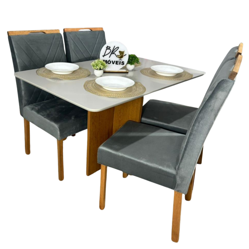 Mesa de Jantar Salinas Off White 120x80cm tampo Laqueado com 4 Cadeiras Cristal Cel Flex - Cinza