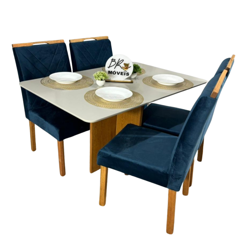 Mesa de Jantar Salinas Off White 120x80cm tampo Laqueado com 4 Cadeiras Cristal Cel Flex - Azul