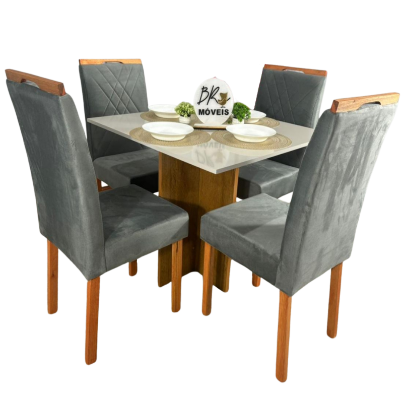 Mesa de Jantar Salinas Off White 90x90cm tampo Laqueado com 4 Cadeiras Cristal Cel Flex - Cinza