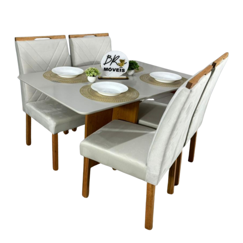 Mesa de Jantar Salinas Off White 120x80cm tampo Laqueado com 4 Cadeiras Cristal Cel Flex - Bege