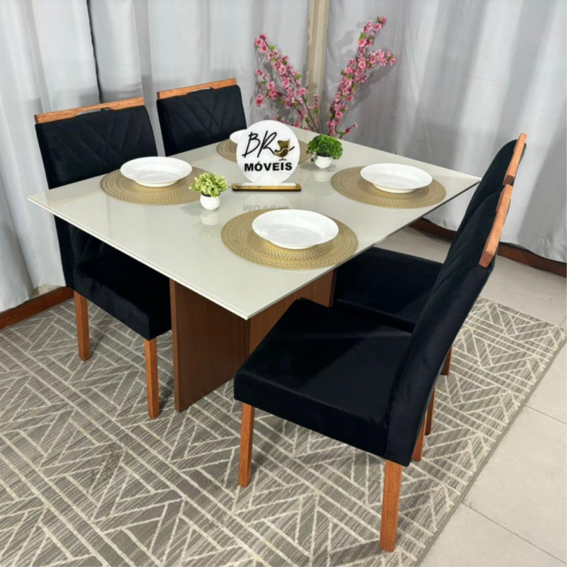 Alternative view of Mesa de Jantar Helo Off White - 120cmx80cm com 4 Cadeiras Cristal Carvalho Decor  - Preto