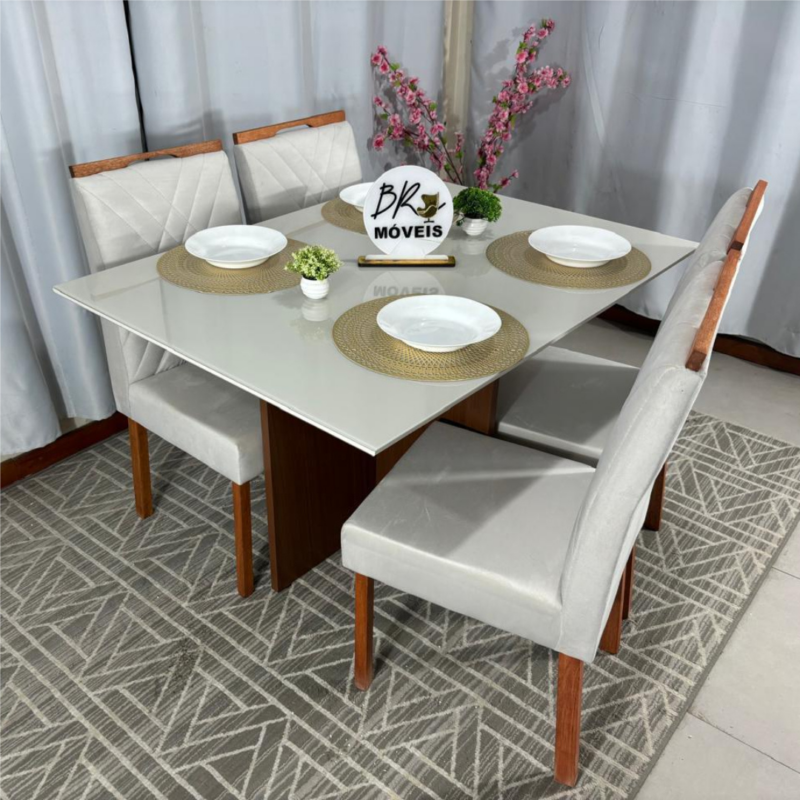Alternative view of Mesa de Jantar Helo Off White - 120cmx80cm com 4 Cadeiras Cristal Carvalho Decor - Bege