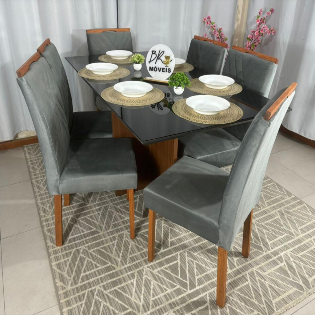 Alternative view of Mesa de Jantar Helo 160cmx90cm com 6 Cadeiras Cristal Grafite Carvalho Decor - Cinza