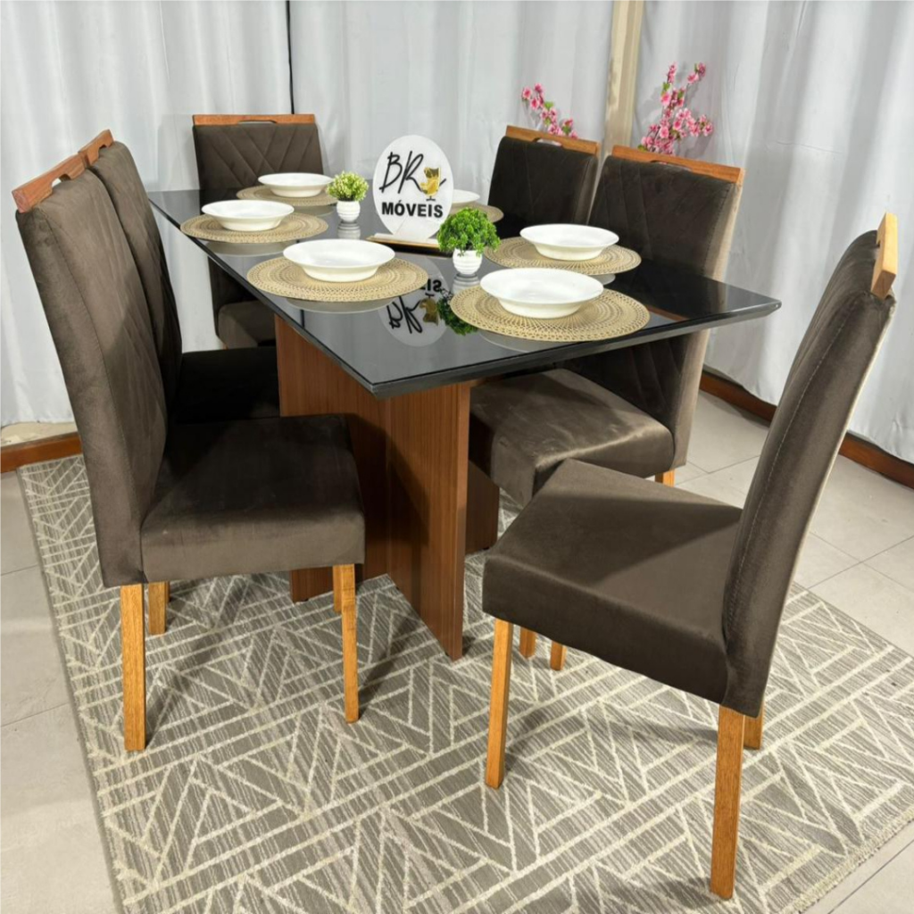 Alternative view of Mesa de Jantar Helo 160cmx90cm com 6 Cadeiras Cristal Grafite Carvalho Decor - Marrom