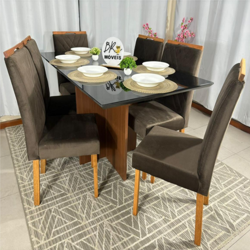 Alternative view of Mesa de Jantar Helo 160cmx90cm com 6 Cadeiras Cristal Grafite Carvalho Decor - Marrom