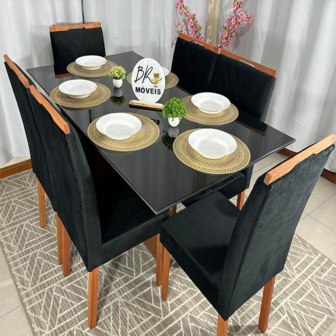 Mesa de Jantar Helo 160cmx90cm com 6 Cadeiras Cristal Grafite Carvalho Decor - Preto - Imagem 3