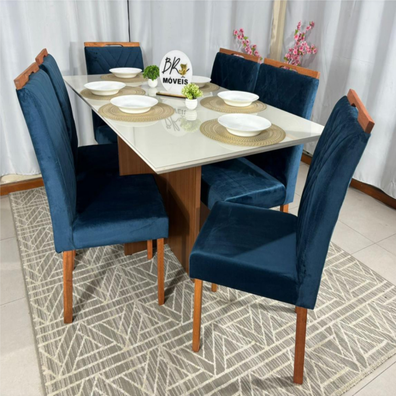 Alternative view of Mesa de Jantar Helo Off White 160cmx90cm com 6 Cadeiras Cristal Carvalho Decor - Azul