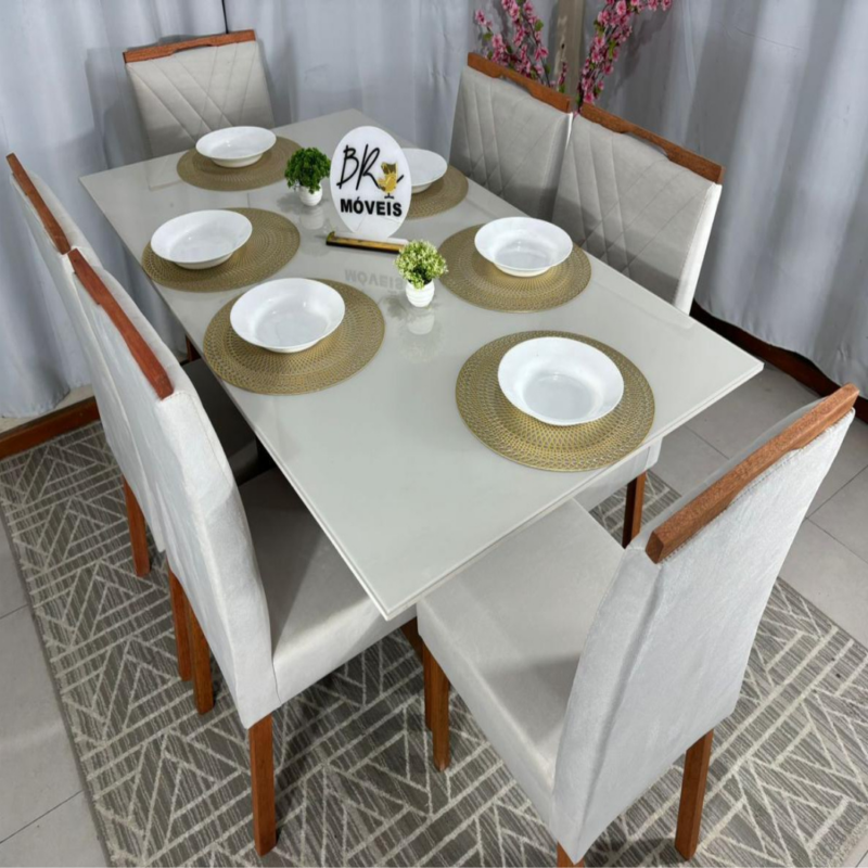 Alternative view of Mesa de Jantar Helo Off White 160cmx90cm com 6 Cadeiras Cristal Carvalho Decor - Bege