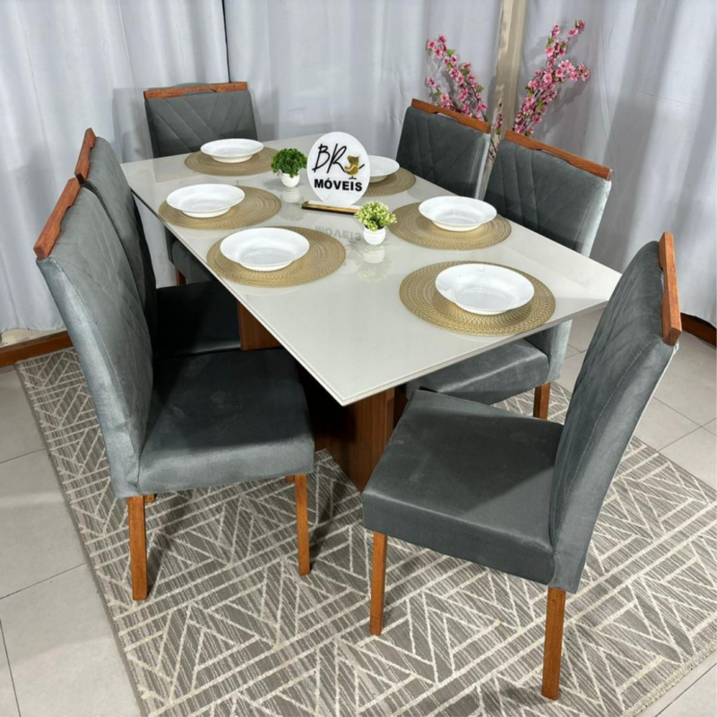Alternative view of Mesa de Jantar Helo Off White 160cmx90cm com 6 Cadeiras Cristal Carvalho Decor - Cinza