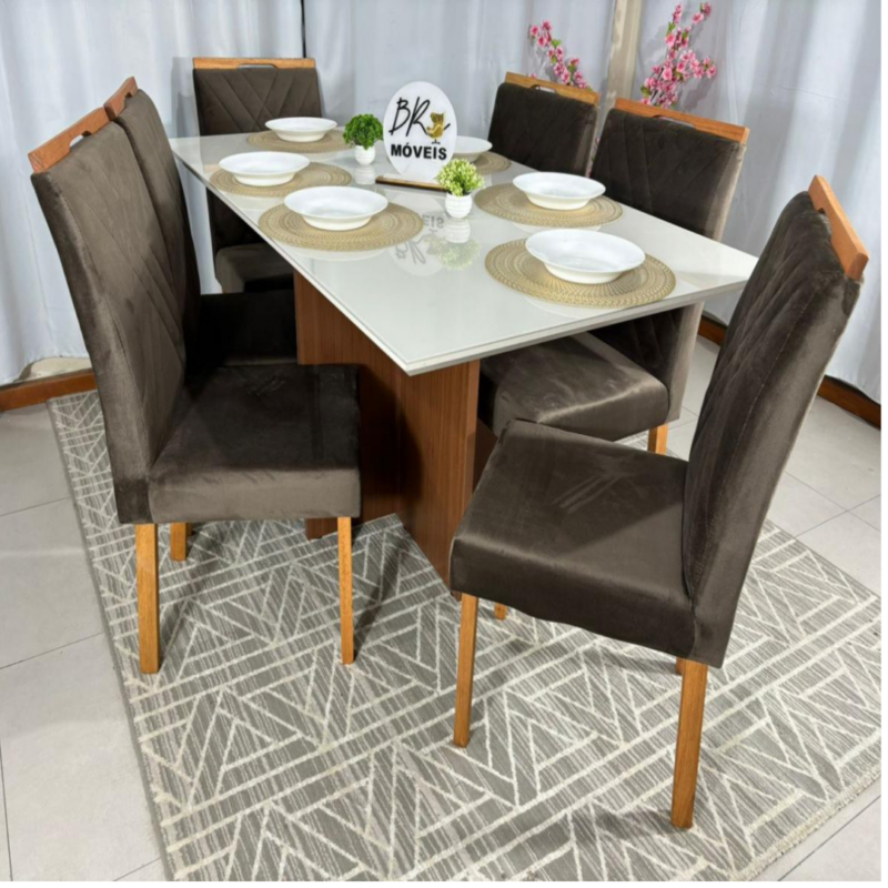 Alternative view of Mesa de Jantar Helo Off White 160cmx90cm com 6 Cadeiras Cristal Carvalho Decor - Marrom