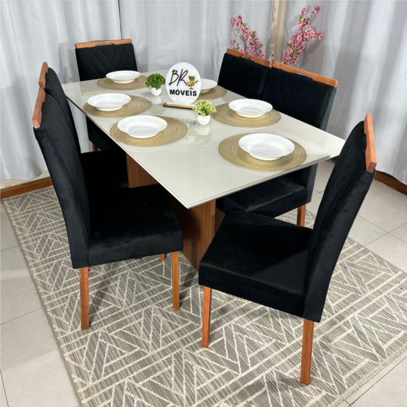 Alternative view of Mesa de Jantar Helo Off White 160cmx90cm com 6 Cadeiras Cristal Carvalho Decor - Preto