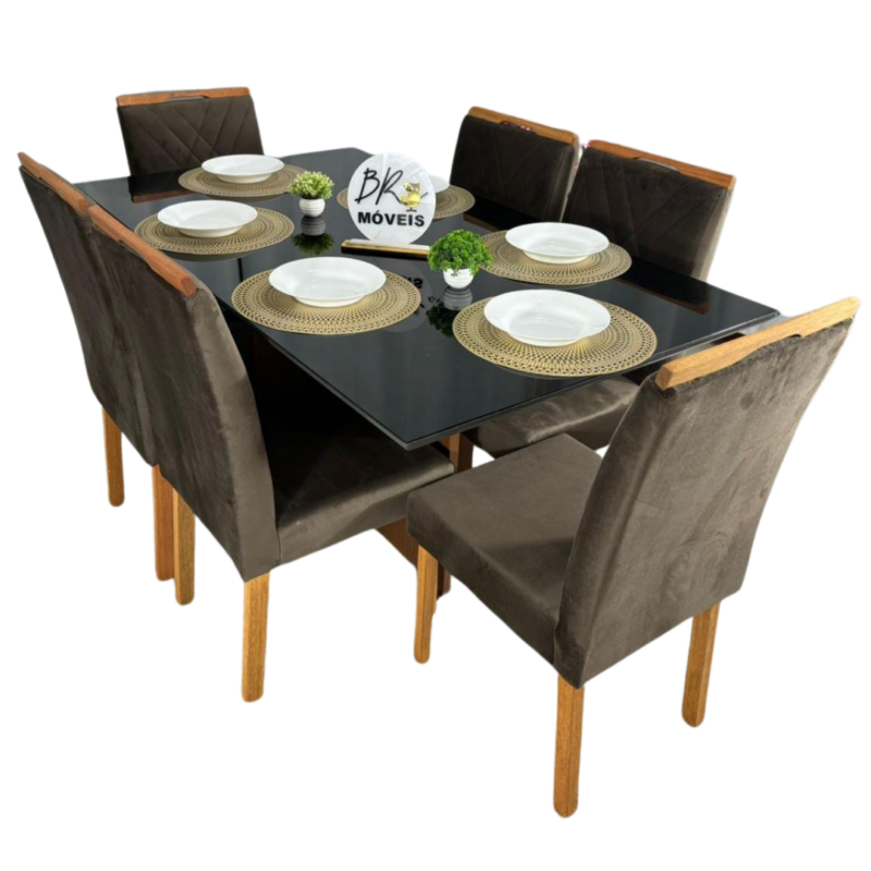 Mesa de Jantar Helo 160cmx90cm com 6 Cadeiras Cristal Grafite Carvalho Decor - Marrom