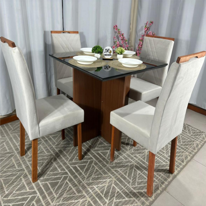 Alternative view of Mesa de Jantar Helo 90x90cm com 4 Cadeiras Cristal Grafite Carvalho Decor - Bege