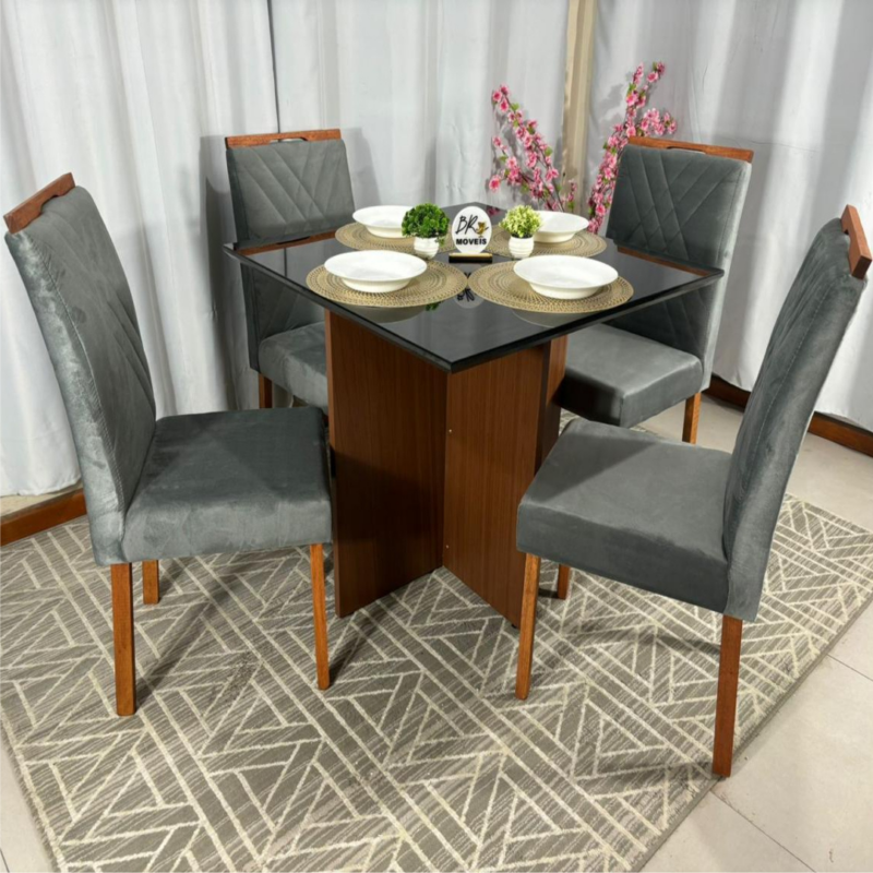 Alternative view of Mesa de Jantar Helo 90x90cm com 4 Cadeiras Cristal Grafite Carvalho Decor - Cinza