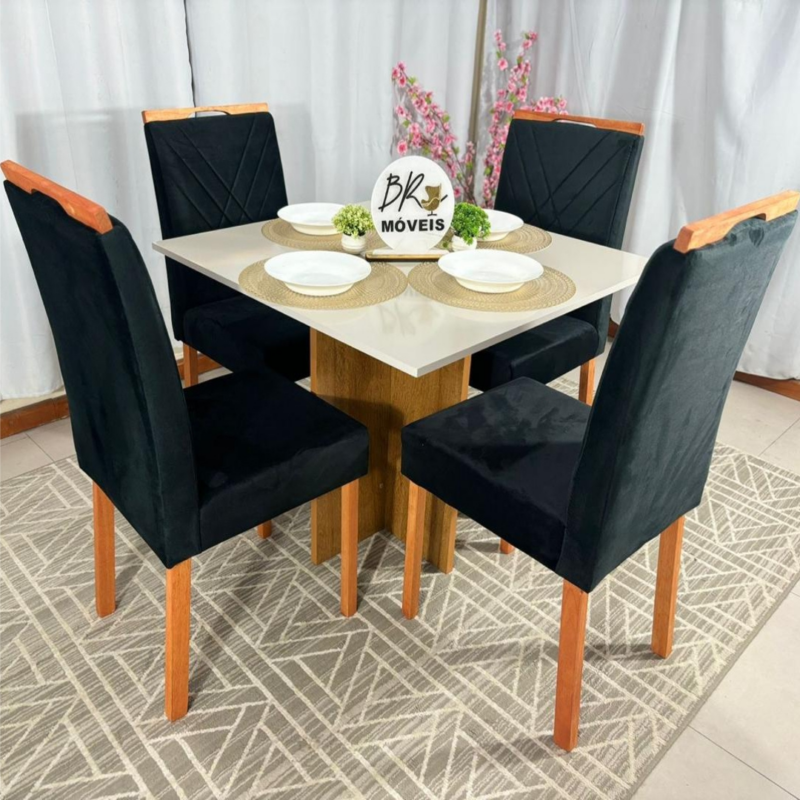 Alternative view of Mesa de Jantar Salinas Off White 90x90cm tampo Laqueado com 4 Cadeiras Cristal Cel Flex - Preto