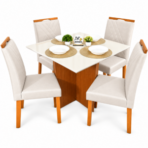 Mesa de Jantar Helo Off White 90x90cm com 4 Cadeiras Cristal Carvalho Decor - Bege