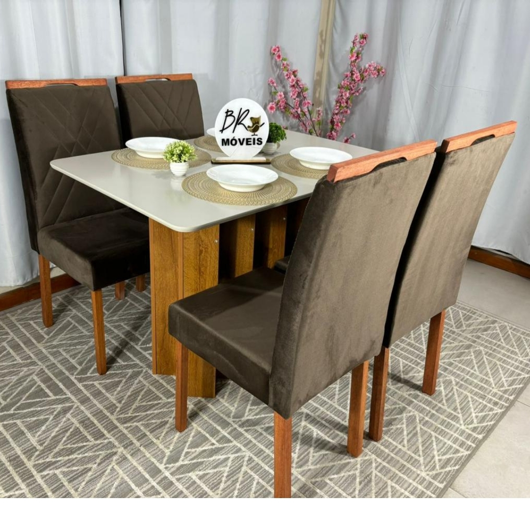 Mesa de Jantar Londres Off White 120x80cm tampo Laqueado com 4 Cadeiras Cristal - Marrom