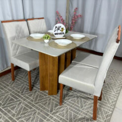 Mesa de Jantar Londres Off White 120x80cm tampo Laqueado com 4 Cadeiras Cristal - Bege