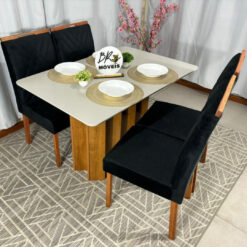 Mesa de Jantar Londres Off White 120x80cm tampo Laqueado com 4 Cadeiras Cristal - Preto