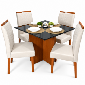 Mesa de Jantar Helo 90x90cm com 4 Cadeiras Cristal Grafite Preto Carvalho Decor - Bege