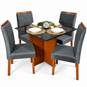 Mesa de Jantar Helo 90x90cm com 4 Cadeiras Cristal Grafite Preto Carvalho Decor - Cinza